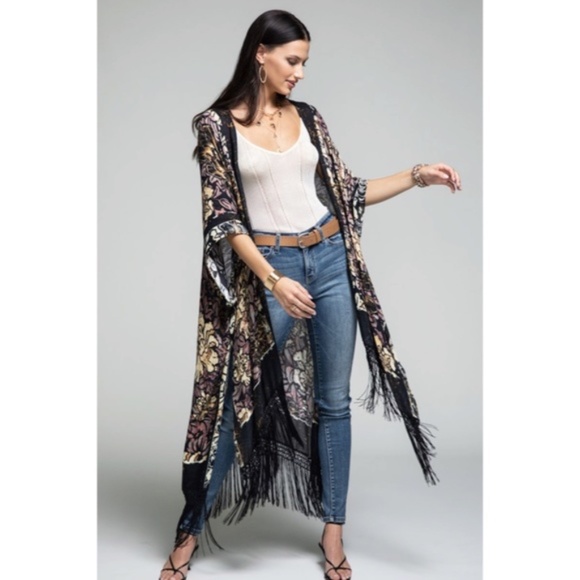 SOLD OUT Delphi Floral Motif Tassel Kimono Duster Full Long Maxi Length Coverup - Picture 5 of 5